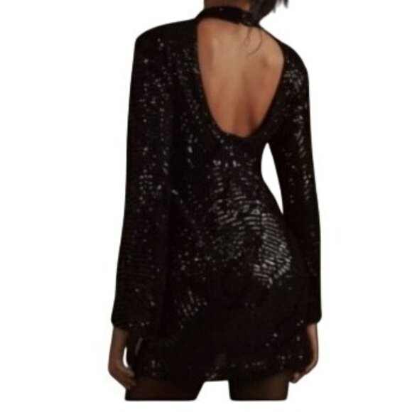 NWT Anthropologie Maeve Womens Large Dress Mini Sequin Mock Neck Black Open Back - Picture 2 of 16